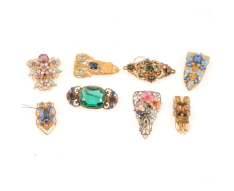 Five vintage dress clips and three brooches with enamel detail, some set with coloured glass gems, marcasitem Czechoslovakian