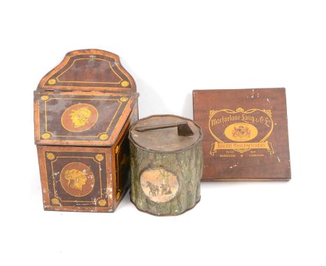 Three early 20th-century confectionery tins; MacFarlane Lang &amp; Co biscuit tin in the form of a tree trunk with an axe mou