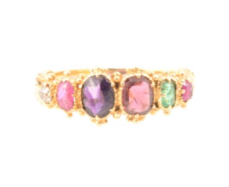 Late 19th century sentimental "Regard" ring set with coloured precious stones, ruby, emerald, garnet, amethyst, ruby, diamond