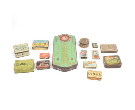 Tobacco and cigarette tins; a quantity to include Sarony Cigarettes in the form of a roulette table, comes with counters and 