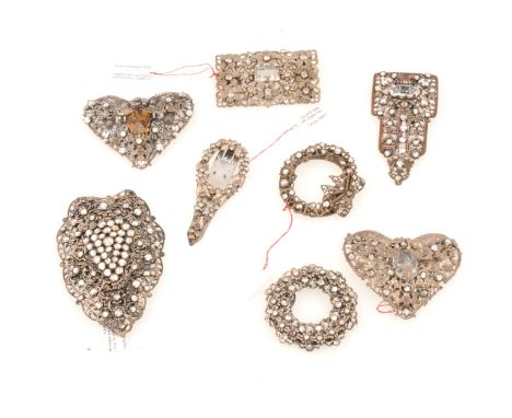 Seven white metal antique style dress clip set with mirrored clear paste, Czechoslovakian 1930's, large clip, 90x70mm, two ma