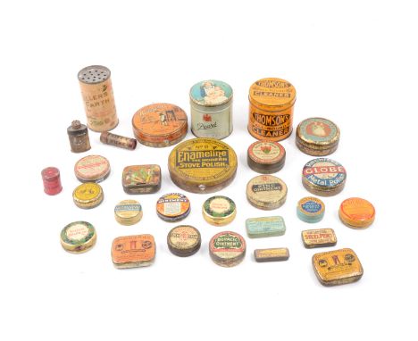 A collection of early 20th-century household product and clean tins; including Alex S Reid Tooth Powder; Thomson's Cleaner; F