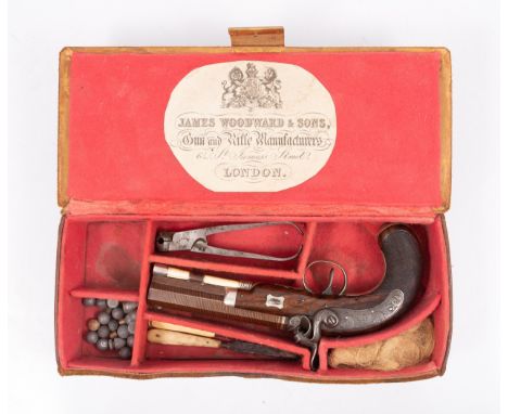 W. Chance of London, Percussion Pistol, in leather case with all tools and ball bullets, 4" barrel, 2 x tools, ramrod (Ingon)