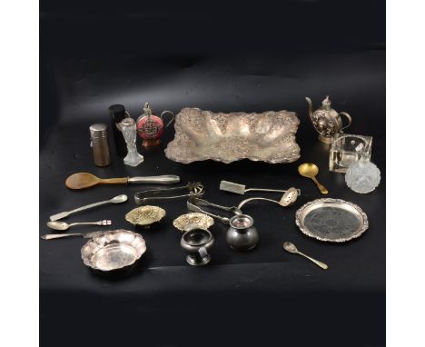 A silver-plated rectangular dish, floral design, 28.5cm diameter; a metal moon flask form teapot, pinky-red stone centre with