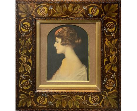 Edwardian print in an Arts and Crafts pokerwork and stained wooden frame, the print after H Carmichael, the frame with border