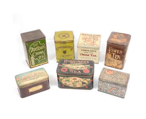 Seven early 20th-century tea caddy tins; including Absolom's Pure Black China Tea; Ringtons; The Doctor's China Tea; (2x) Hor