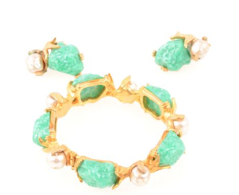 American HAR bangle and earring suite set with faux carved jade and simulated baroque pearls, the bangle set with five carved