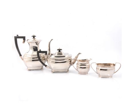 A silver four-piece tea service, E H P Co Ltd, Sheffield 1973 and 1978, rectangular panelled form, gadrooned border, comprisi