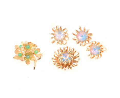 Sarah Coventry faux opal set of brooch, ring and earclips, the 15mm paste set with culet facet facing up in yellow metal wire