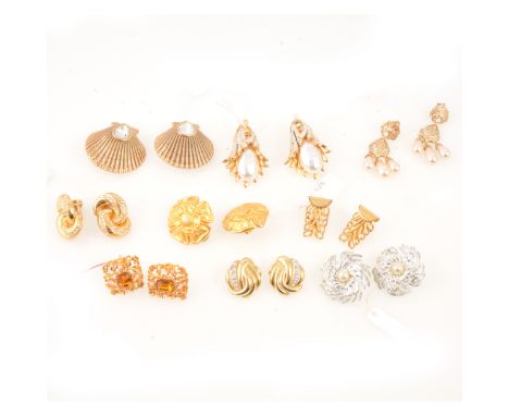 Nine pairs of large costume jewellery earrings, Christian Dior polished clips set with diamante,25mm, Escada Tudor rose, 40mm