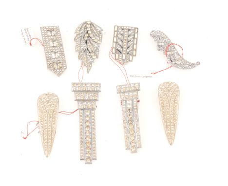 Eight Art Deco clear paste dress clips, Czechoslovakia 1930's, 45-55mm.