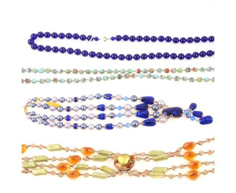 Twelve vintage 1960's 1970's glass and plastic bead necklaces, three strand green and yellow bead necklace, blue bead necklac