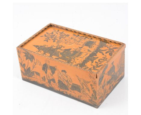 Georgian poker work chess set box, satinwood, painted with Oriental figures in a landscape with temples, paperlined interior,
