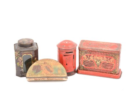 Four early 20th-century confectionery tins; including MacFarlane Lang &amp; Co's Dunottar Shortbread, semi-circle form,18cm; 