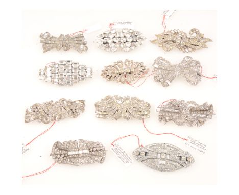 Ten clear paste 1940's/1950's duette dress clips, all with brooch fittings, 55-65mm. probably English.