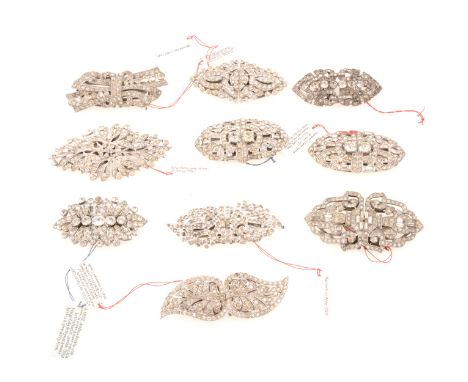 Ten Ciro Pearls clear paste 1940's/1950's duette dress clips, all with brooch fittings, 50-70mm. marked CP England.