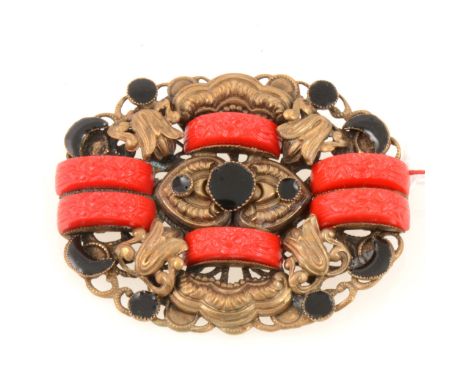 Czechoslovakian gilt metal brooch, probably Max Neiger of Gablonz, set with six pressed red glass panels and black enamel, br