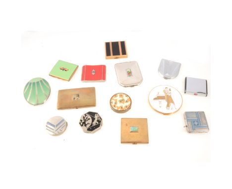 Fourteen Art Deco and other powder compacts including a rare compact with grater, a gold-plated square textured compact with 