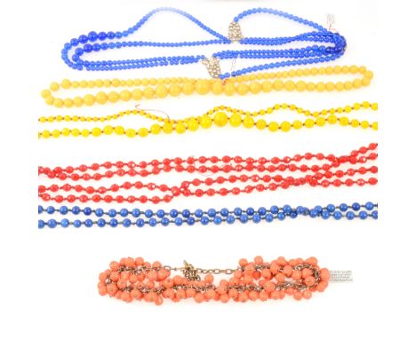 Six vintage glass bead necklaces, rope of one hundred and thirty-nine 8mm simulated lapis beads, knotted every bead, 150cm, r