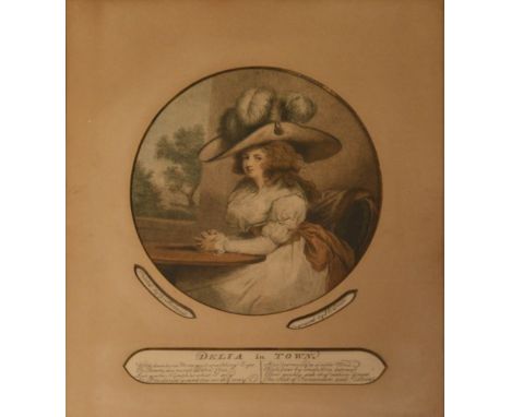 After George Morland, Delia in the Country and Delia in Town, pair of coloured prints, ebonised frames, overall 42x35cm.