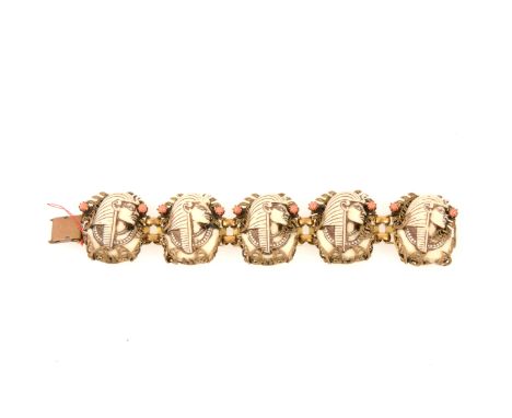 1930's Egyptian revival ivorine five panel bracelet, each panel carved with an Egyptian profile, claw set in filigree closed 