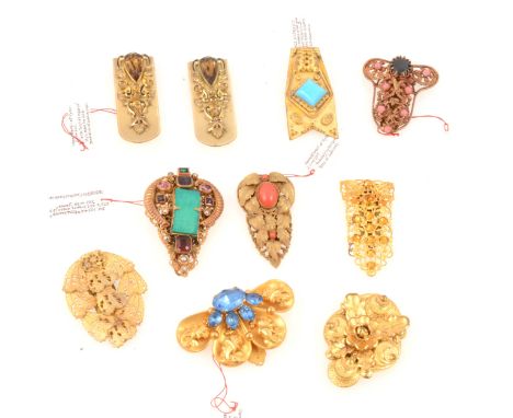 Ten vintage gilt metal single dress clips, set with faux coral, turquoise, coloured paste, a pair of clips set with faux topa