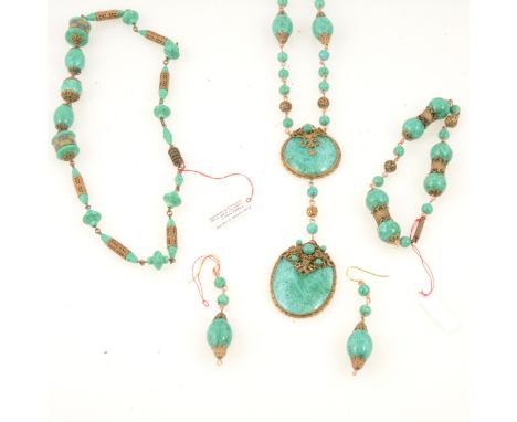 Vintage 1930's parure, probably Max Neiger of Gablonz, sautoir, earrings and similar bracelet, opaque nephrite oval and circu
