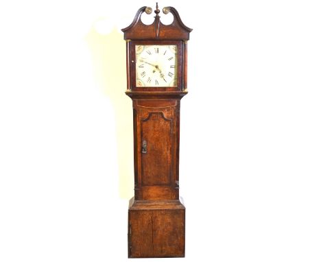 Oak and mahogany longcase clock, the hood with swan neck pediment, short door, box base, no plinth, 12" square painted dial, 