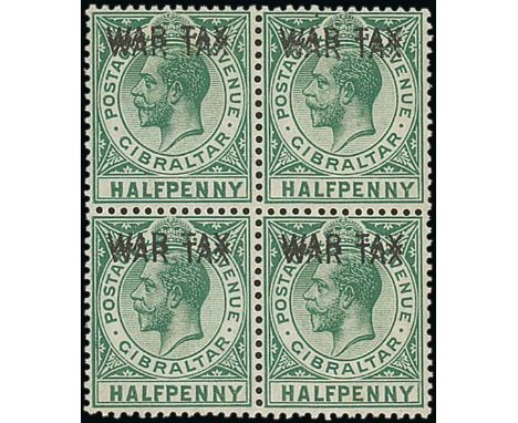 Gibraltar1918 War Tax ½d. green block of four, variety overprint double, unmounted mint or very lightly hinged, the first sta