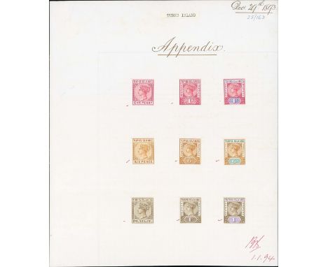 Turks Islands1893 (29 Dec.) "Appendix" sheet (203-237mm.) bearing three general Keyplate imperforate trials and six Postage P