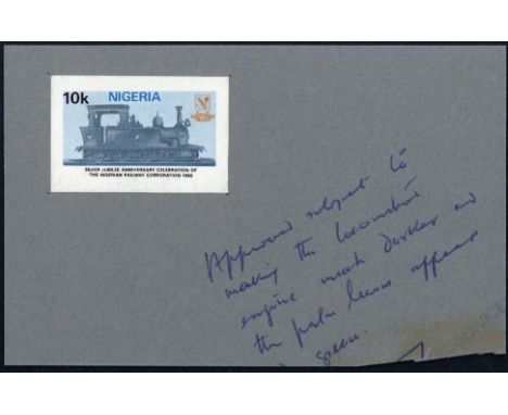 Nigeria1980 25th Anniversary of Railway Corporation Stem Loco 10k., imperforate proof affixed to small grey card as submitted