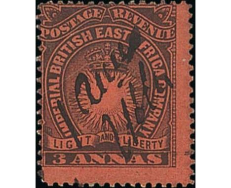 British East Africa1891 Mombasa ProvisionalsValue in Manuscript"1 Anna" on 3a. black on dull red initialled "VHM" (Victor Mac