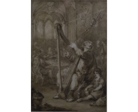 Continental school - The blind harp player, en grisaille watercolour, 17 x 11.5 cm Condition Report Good clean condition, rea