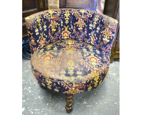 A 19th century button backed circular corner/occasional chair, raised on turned legs to castors