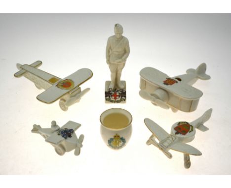 Crested wares of Great War interest: Shelly china monoplane with fixed propeller, Neath crest, Shelley china,15 cm long; mono