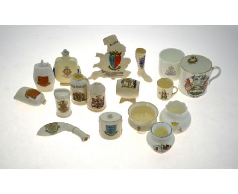 Crested wares of Great War interest: 'Blighty', an outline of England and Wales, Earlsheaton crest, Carlton china, 10.5 cm hi