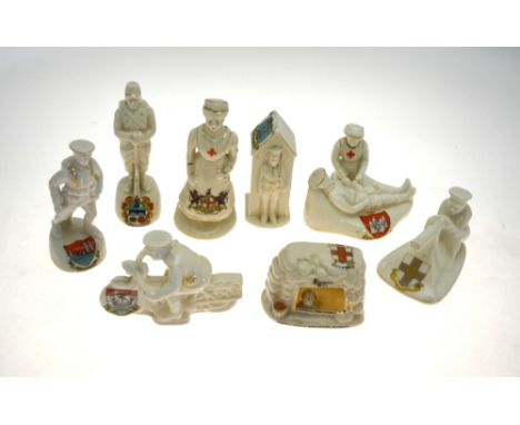 Crested wares of Great War interest: Nurse and wounded Tommy, Staffordshire crest, Arcadian china, 9 cm high; figure of a nur
