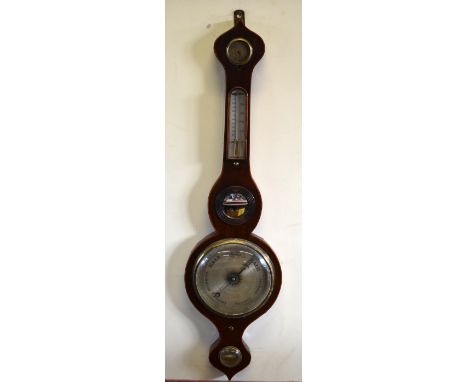 J Clark, Bartlett Street, a 19th century mahogany cased wheel barometer having silvered dial, thermometer, signed level and c
