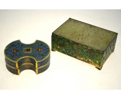 An 18th century Chinese ingot shaped cloisonne box and cover decorated with bats, lotus flowers and foliage, 4 character Qian