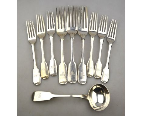 Six early 19th century fiddle pattern dessert forks, to/w three table forks and a sauce ladle (ten pieces - various makers an