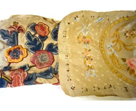 A box of assorted textiles to include several wool tapestry, embroidered and crewel-worked, have been shaped to chair covers,