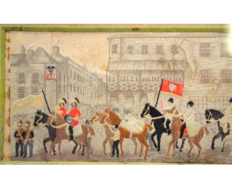 A woven silk Stevengraph, The Lady Godiva Procession, 5 x 15 cm, in original printed mount with advertisement on reverse, lat