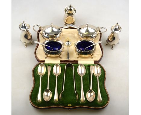 A six-piece silver condiment set, William Hutton & Son, Birmingham 1928, to/w a somewhat similar single pepperette and an Edw