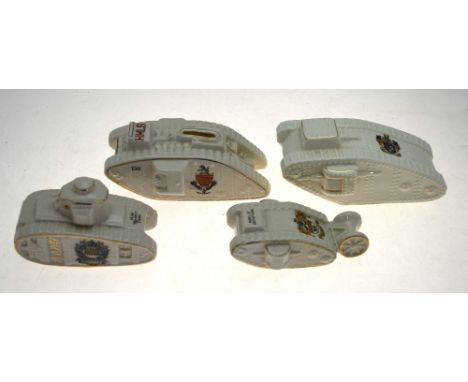 Crested wares of Great War interest: Four tanks: Tank, gun on top and four on sides, Brighton crest, Arcadian china, 15 cm lo
