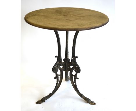 A late 19th century Coalbrookdale style cast iron tripod table with circular wooden top, 62 cm diam x 73 cm high to/w an old 