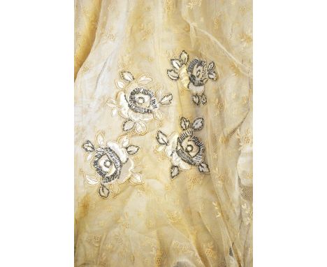 An ivory silk satin and floral spray needle-run lace bridal train, the silk satin embroidered with silk and bugle beaded flow