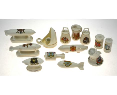 Crested wares of Great War interest:  Aviation pieces to include - 'Model of a Super Zeppelin', City of London crest, Arcadia