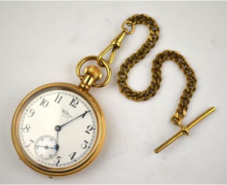 An Edwardian silver hunter pocket watch with top-wind lever movement, Chester 1902, on electroplated double Albert chain hung