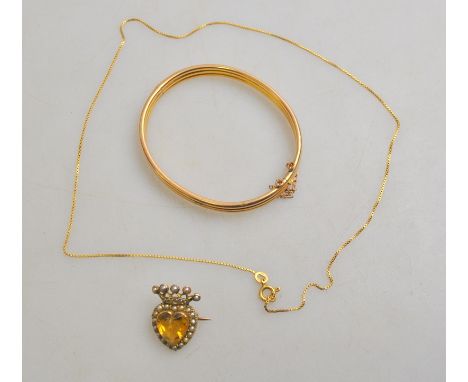 A citrine-set heart shaped brooch surmounted by a half pearl set crown, stamped 9ct, to/w a yellow metal hinged bangle and bo