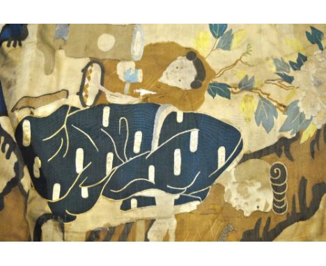 A 19th century Chinese silk tapestry panel with figures, birds, floral and foliate branches Condition Report Ripped in many p